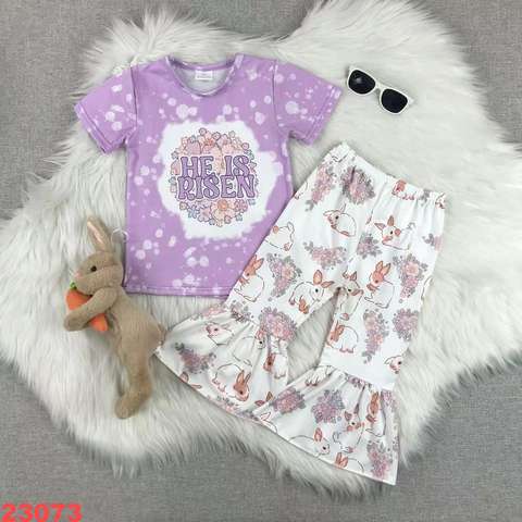 Girls' Easter Short Sleeve Set with Bunny Print Bell Bottoms