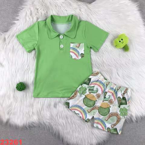Green Polo Short Sleeve Set with Printed Shorts
