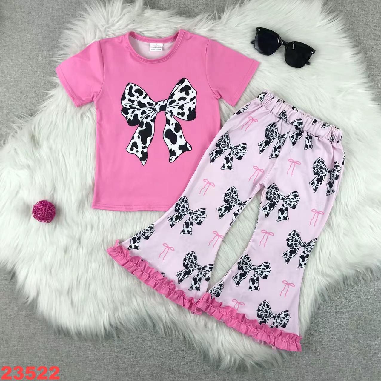 Pink Bow Short Sleeve Outfit with Flared Pants for Girls