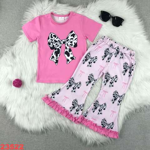 Pink Bow Short Sleeve Outfit with Flared Pants for Girls