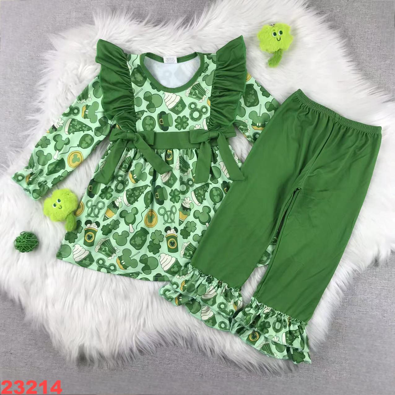 Green Long Sleeve Ruffle Outfit Set