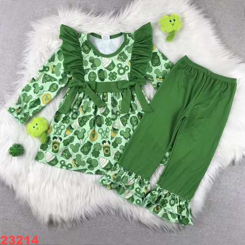 Green Long Sleeve Ruffle Outfit Set