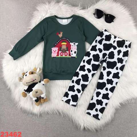 Farm-Themed Long Sleeve Set with Cow Print Pants
