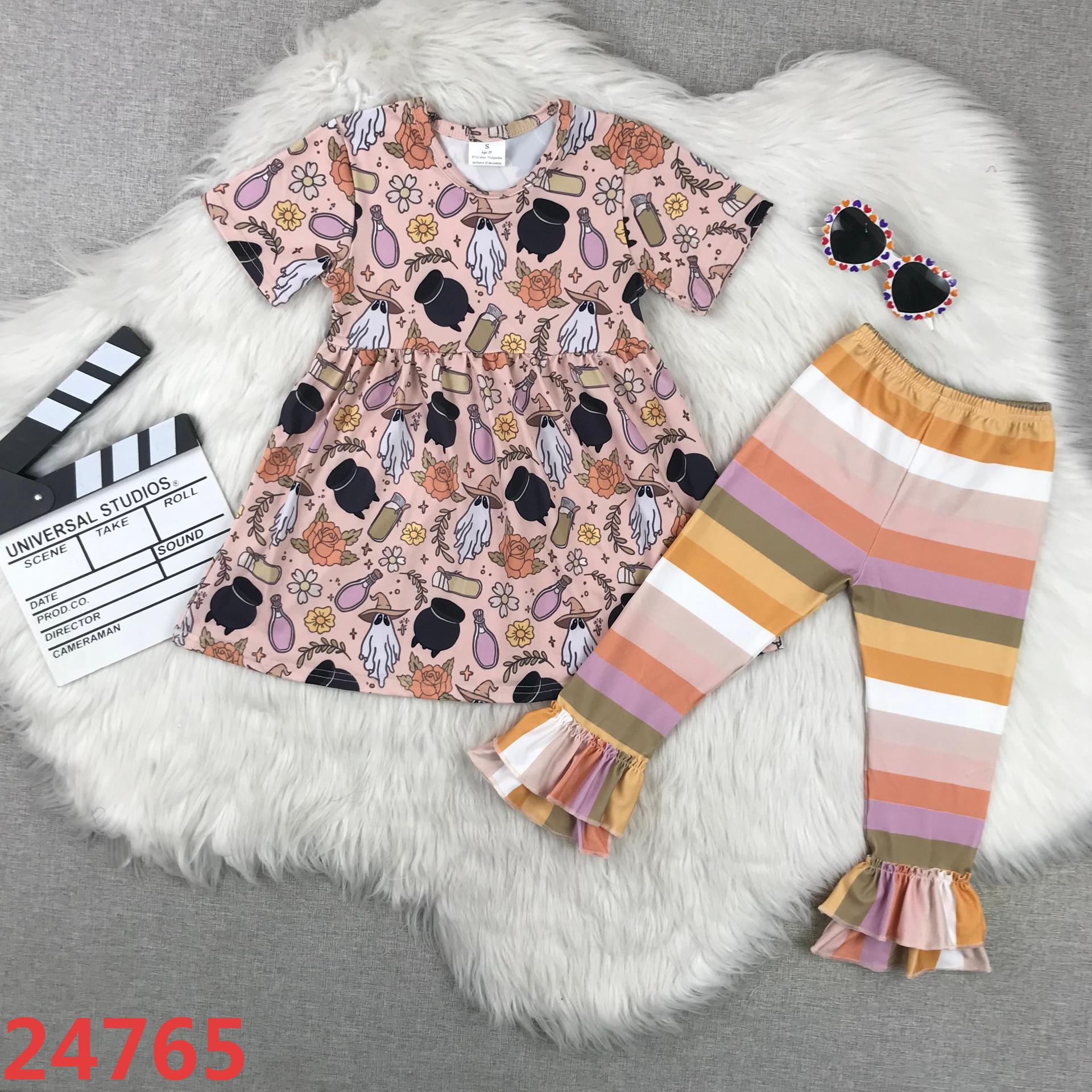 Girls’ Floral Short Sleeve Top and Striped Pants Set