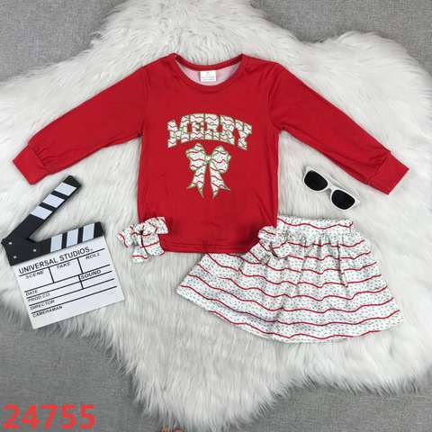 Red Festive Long Sleeve Set with Skirt
