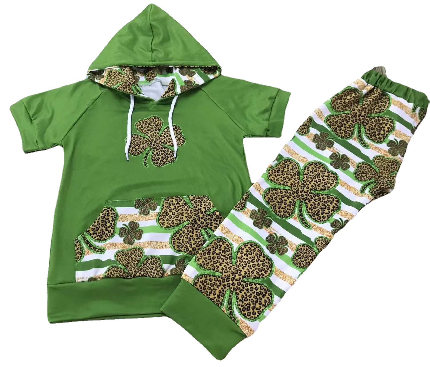 Green Clover Short Sleeve Hoodie and Pants Set