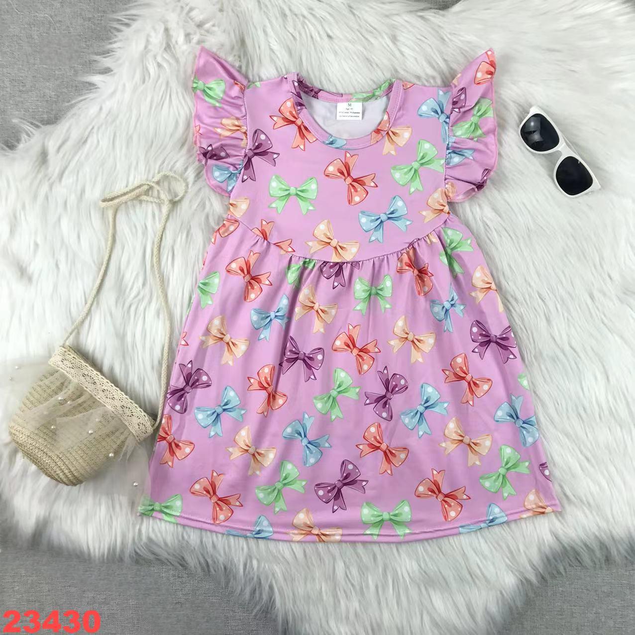 Girls' Bow Printed Flutter Sleeve Dress