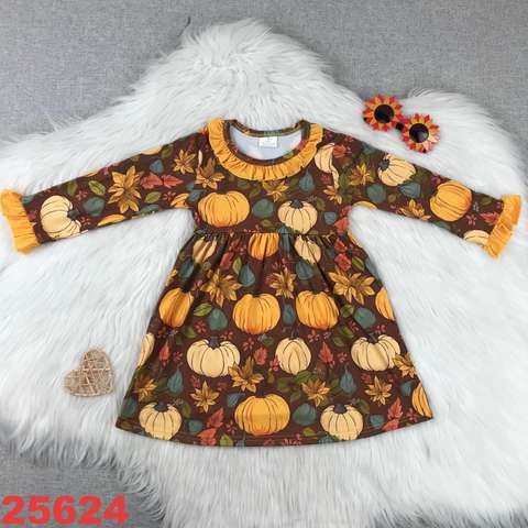 Pumpkin-Themed Long Sleeve Dress for Girls