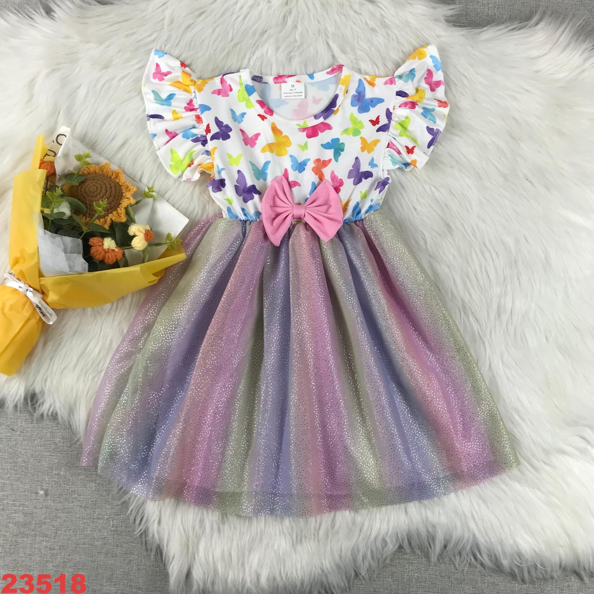 Butterfly Print Rainbow Dress with Bow