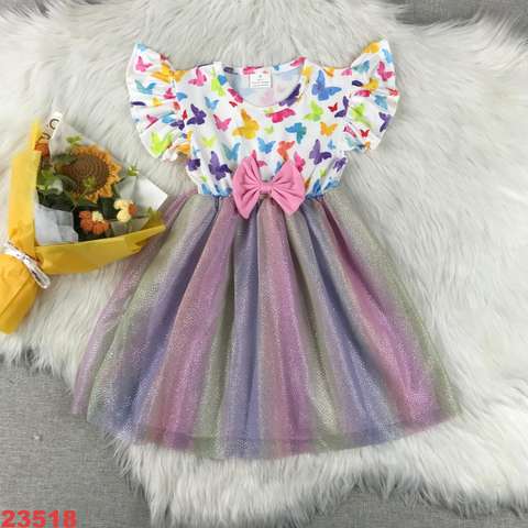 Butterfly Print Rainbow Dress with Bow