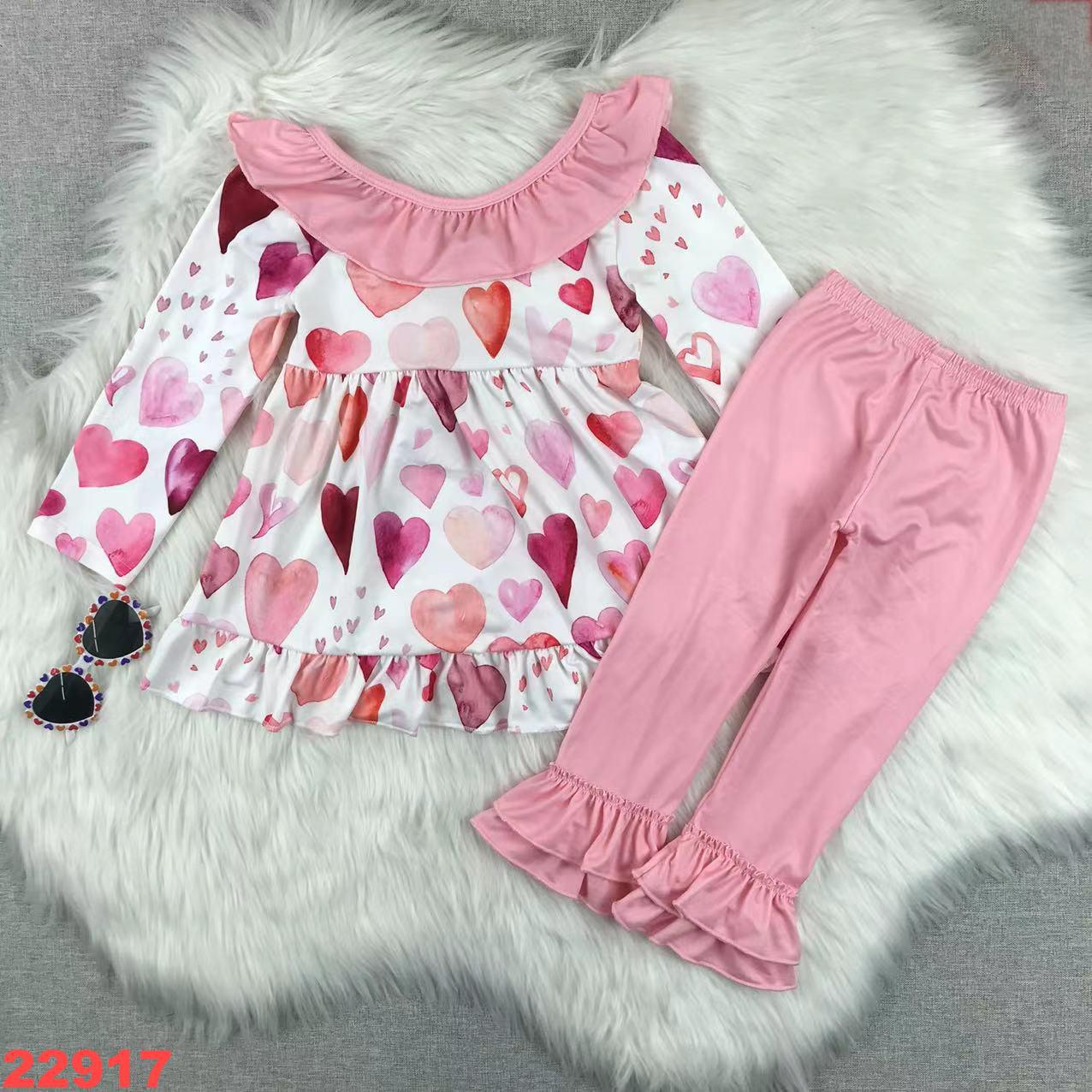 Heart Print Long Sleeve Outfit with Ruffle Leggings