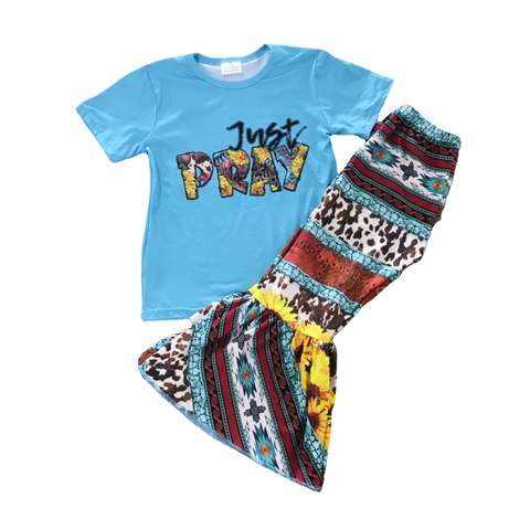 Kids' Short Sleeve 'Just Pray' Outfit with Patterned Bell Bottom Pants