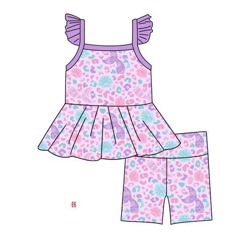 Girls' Sleeveless Top and Shorts Set with Mermaid Design