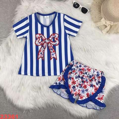 Blue Striped Short Sleeve Set with Floral Bow