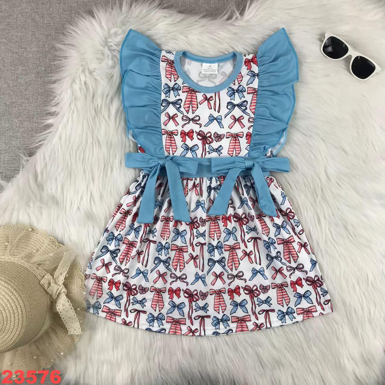Girls' Bow Pattern Ruffle Sleeve Dress