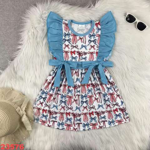 Girls' Bow Pattern Ruffle Sleeve Dress
