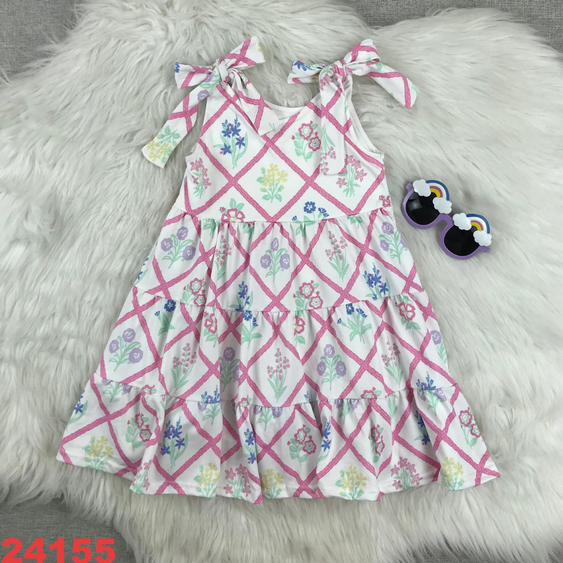 Floral Print Sleeveless Children's Dress with Bow Shoulder Ties