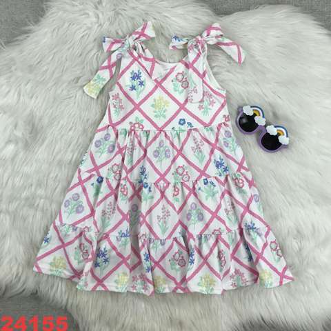 Floral Print Sleeveless Children's Dress with Bow Shoulder Ties