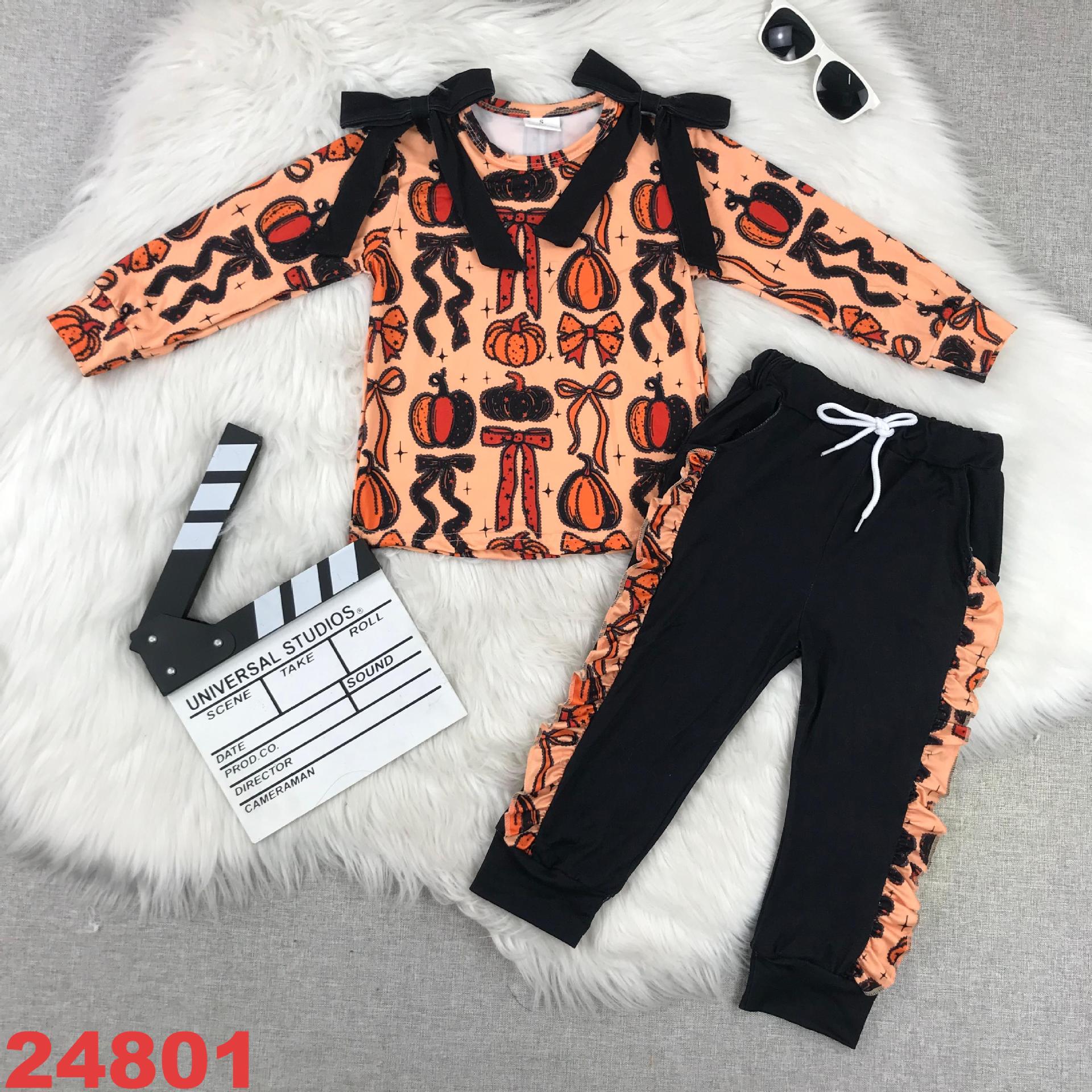 Pumpkin-Themed Long Sleeve Set with Ruffled Pants