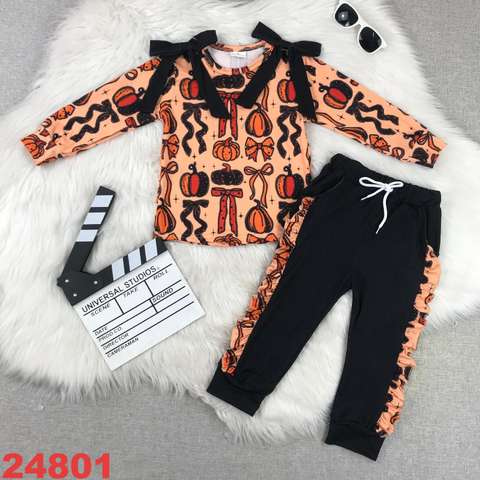 Pumpkin-Themed Long Sleeve Set with Ruffled Pants
