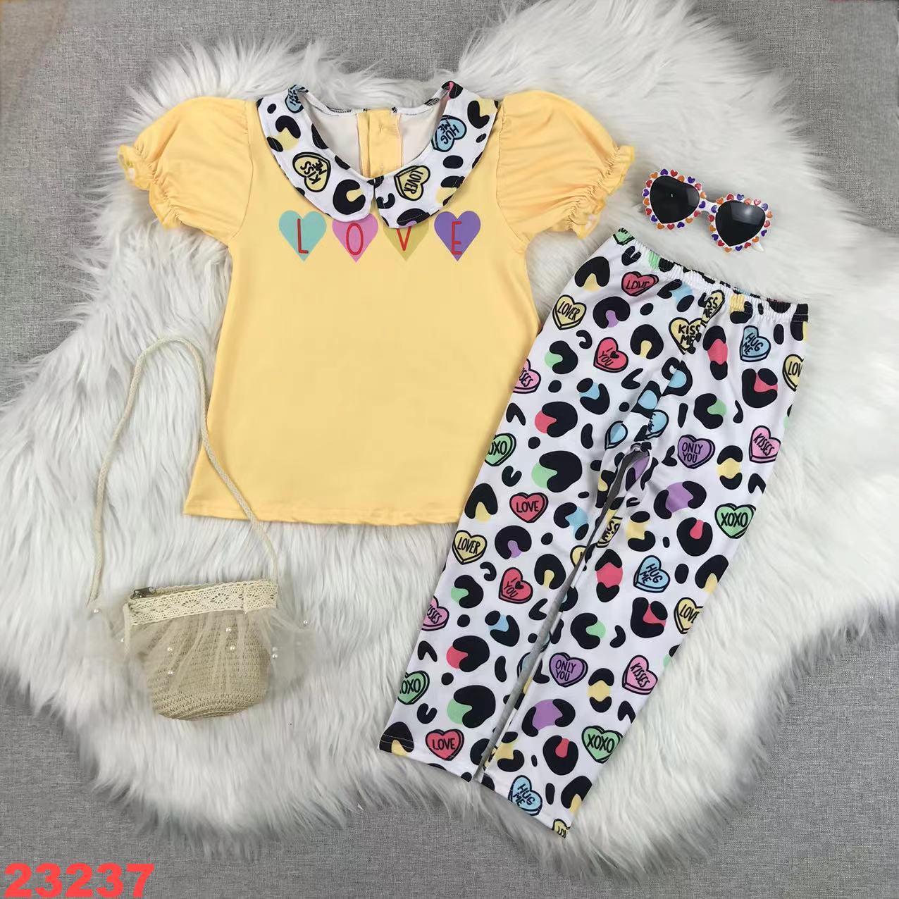 Yellow Puff Sleeve Top and Heart Print Pants Set