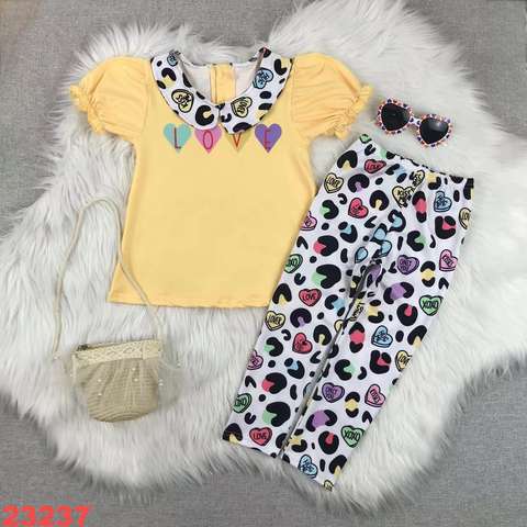 Yellow Puff Sleeve Top and Heart Print Pants Set