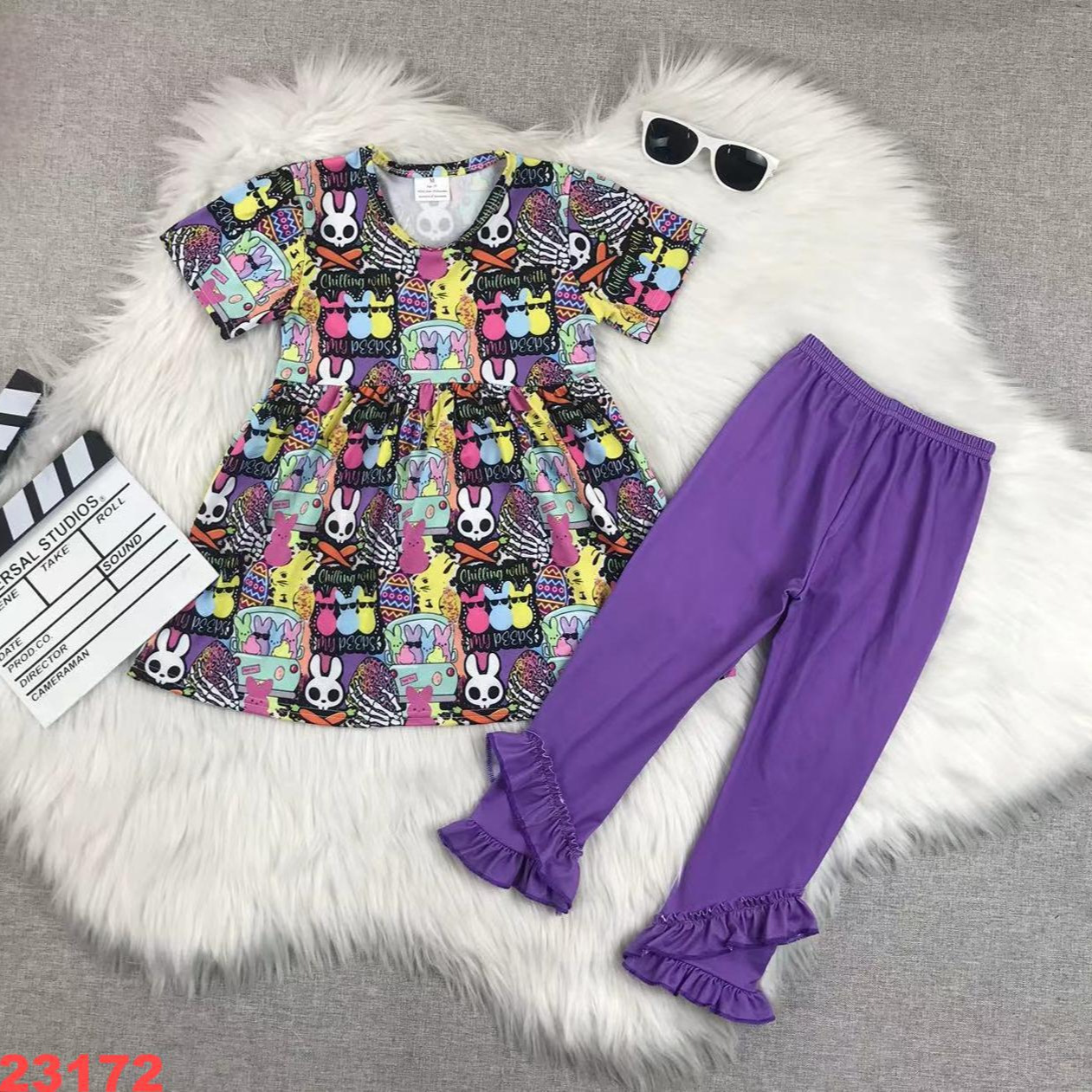 Colorful Cartoon Printed Outfit with Ruffled Pants