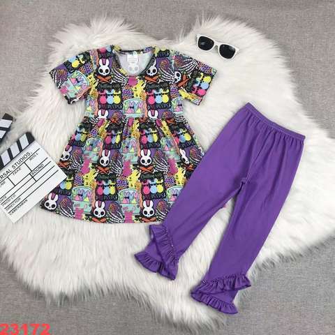 Colorful Cartoon Printed Outfit with Ruffled Pants