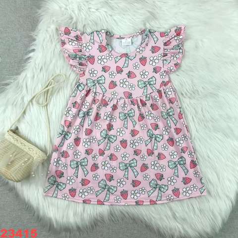 Pink Ruffle Sleeve Dress with Strawberry and Bow Pattern