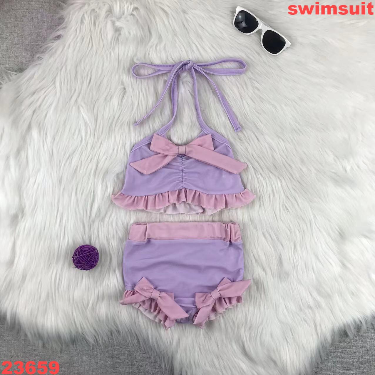 Girls' Two-Piece Halter Swimsuit with Bows and Ruffles