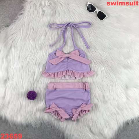 Girls' Two-Piece Halter Swimsuit with Bows and Ruffles