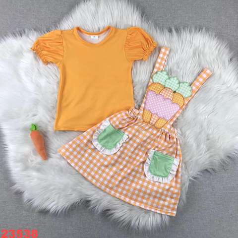 Girls' Ice Cream Patchwork Orange Gingham Short Sleeve Set