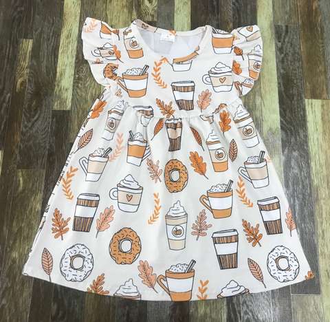 Children's Printed Sleeve Dress with Autumn-Themed Coffee Design