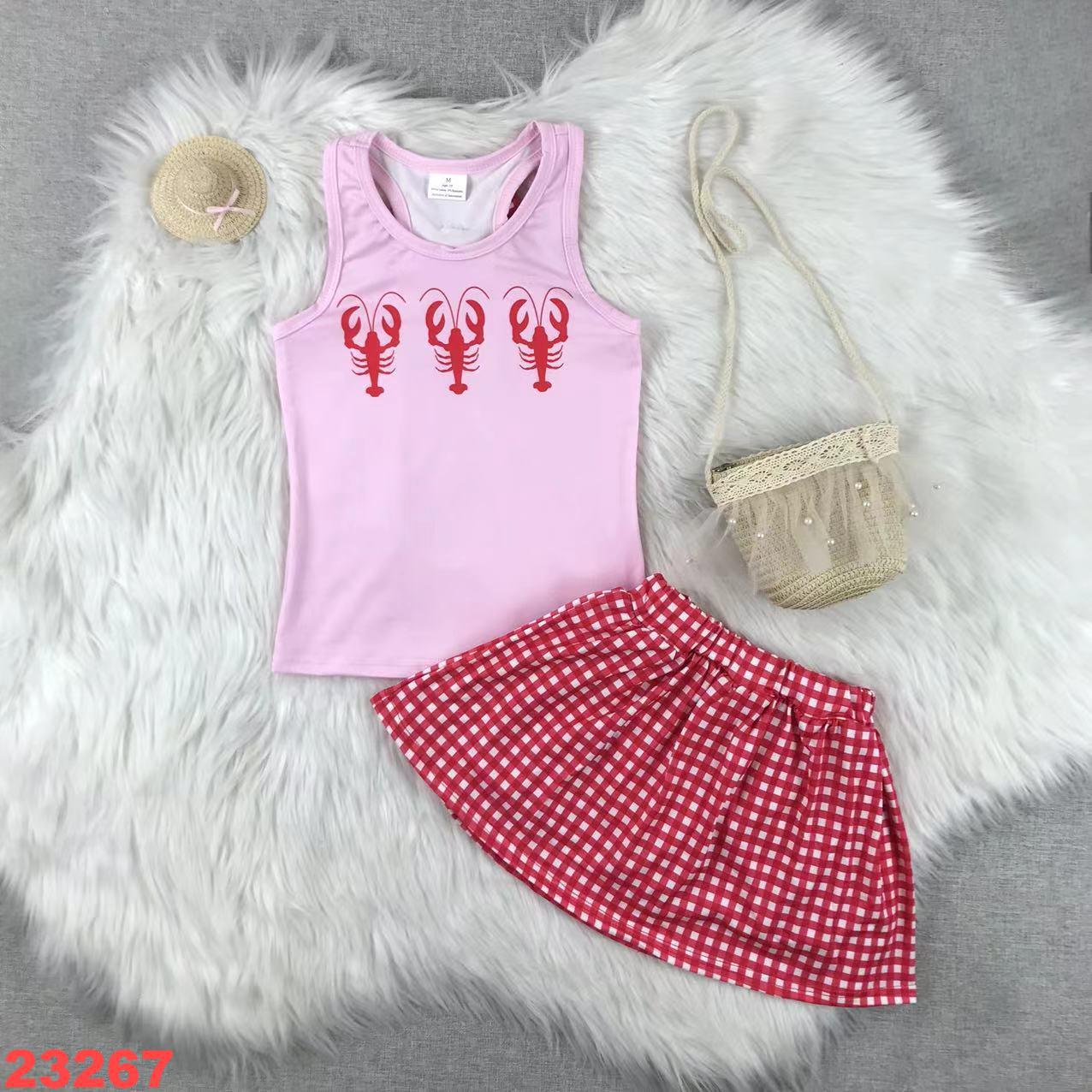 Children's Pink Tank Top and Red Gingham Skirt Set