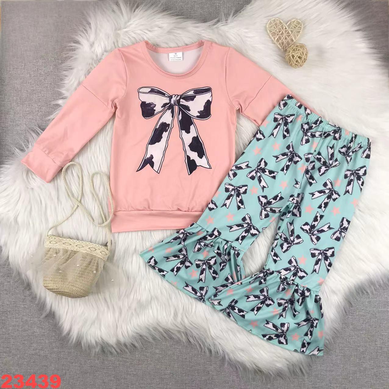 Pink Bow Long Sleeve Top and Flared Pants Set