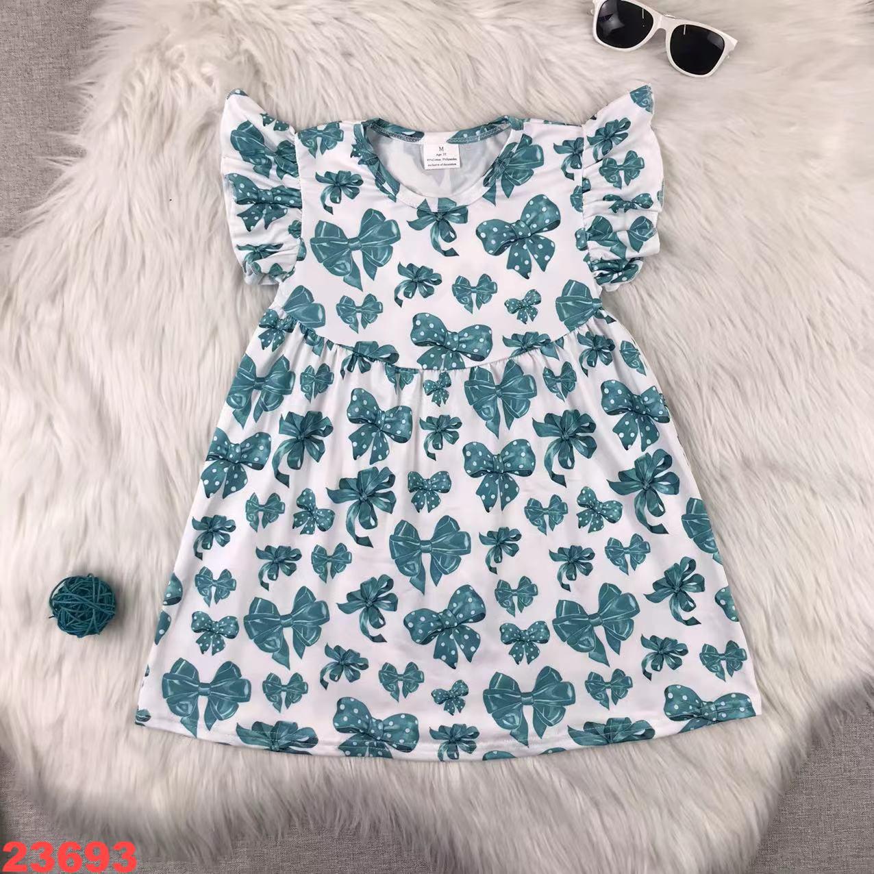 Girls' Bow Patterned Ruffle Sleeve Dress