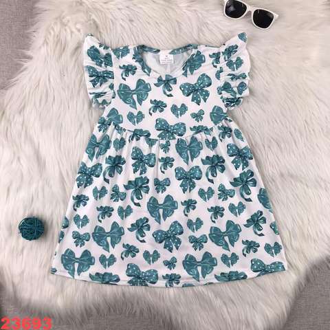 Girls' Bow Patterned Ruffle Sleeve Dress