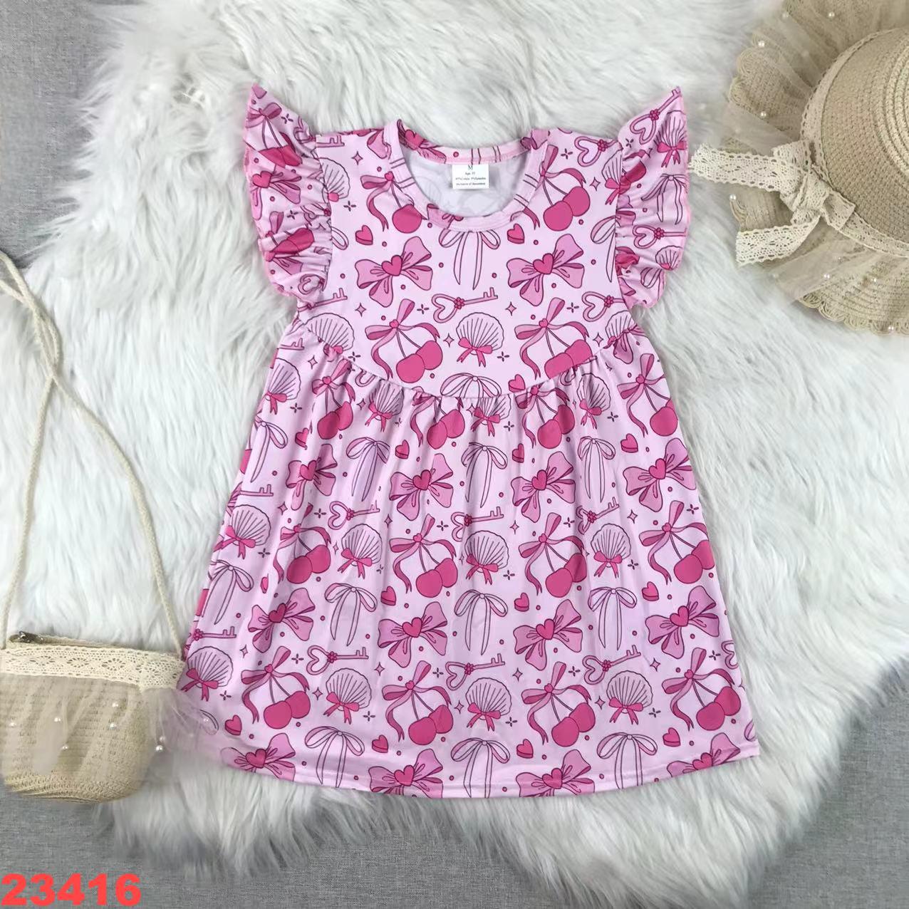 Girls' Pink Ruffled Sleeved Dress with Bow and Cherry Print