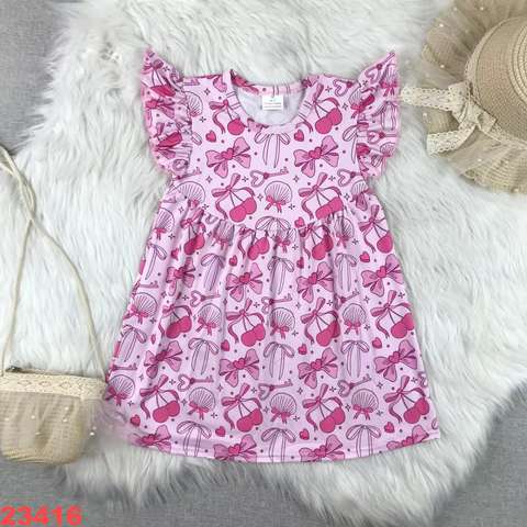 Girls' Pink Ruffled Sleeved Dress with Bow and Cherry Print