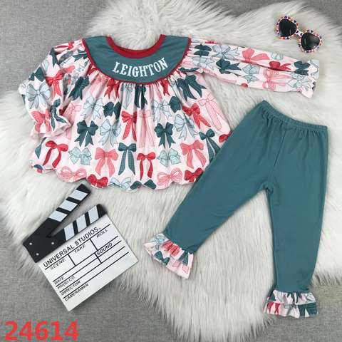 Girls' Long Sleeve Bow Print Top and Ruffle Pants Set