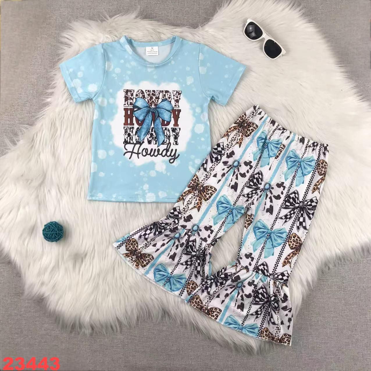 Stylish Bow Printed Short Sleeve Top and Flare Pants Set