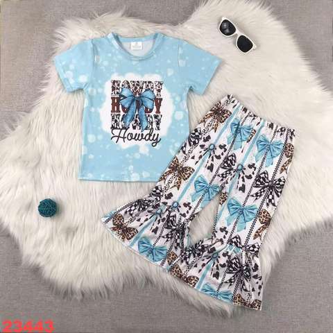 Stylish Bow Printed Short Sleeve Top and Flare Pants Set