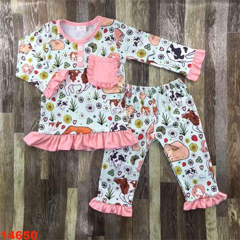 Farm-Themed Long Sleeve Ruffled Kids Pajama Set