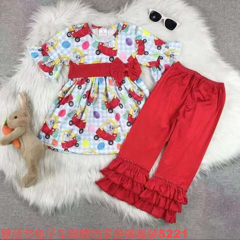 Festive Cartoon Printed Long Sleeve Top with Ruffled Pants Set