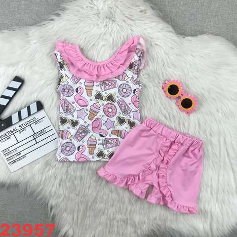 Girls' Sleeveless Printed Top and Pink Shorts Set