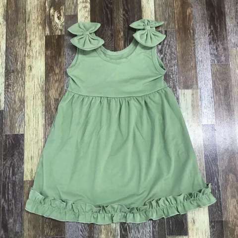 Children's Sleeveless Green Dress with Bow Details
