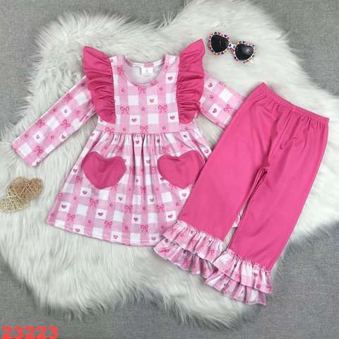 Girls' Pink Plaid Long Sleeve Ruffle Outfit with Matching Pants