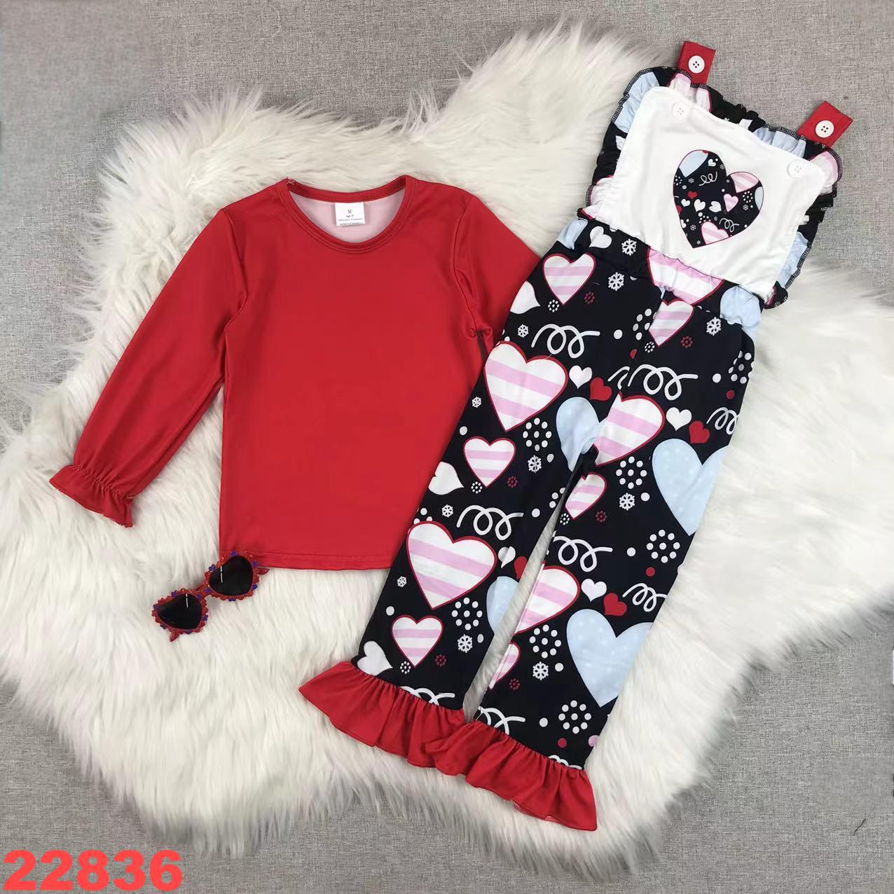 Girls' Red Ruffle Long Sleeve and Heart Print Bib Pants Set