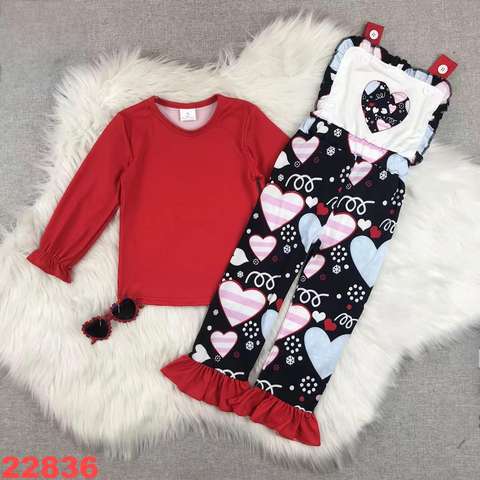 Girls' Red Ruffle Long Sleeve and Heart Print Bib Pants Set