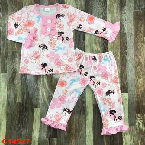 Bee and Floral Printed Long Sleeve Kids Pajama Set